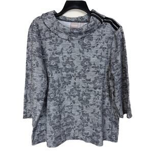 Chicos Sz 3 (16) Women's Sweater Black Gray Cowl Neck 3/4 Sleeves Zipper Accent